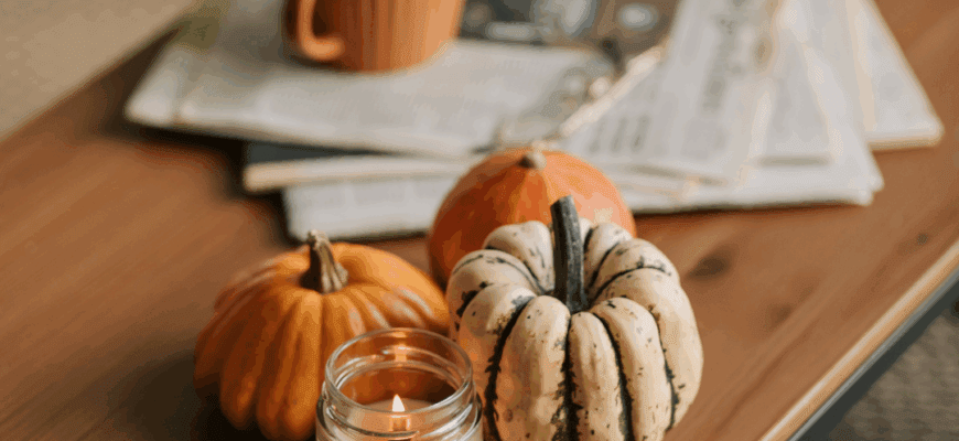 mini pumpkins and a coffee cup on top of a table
